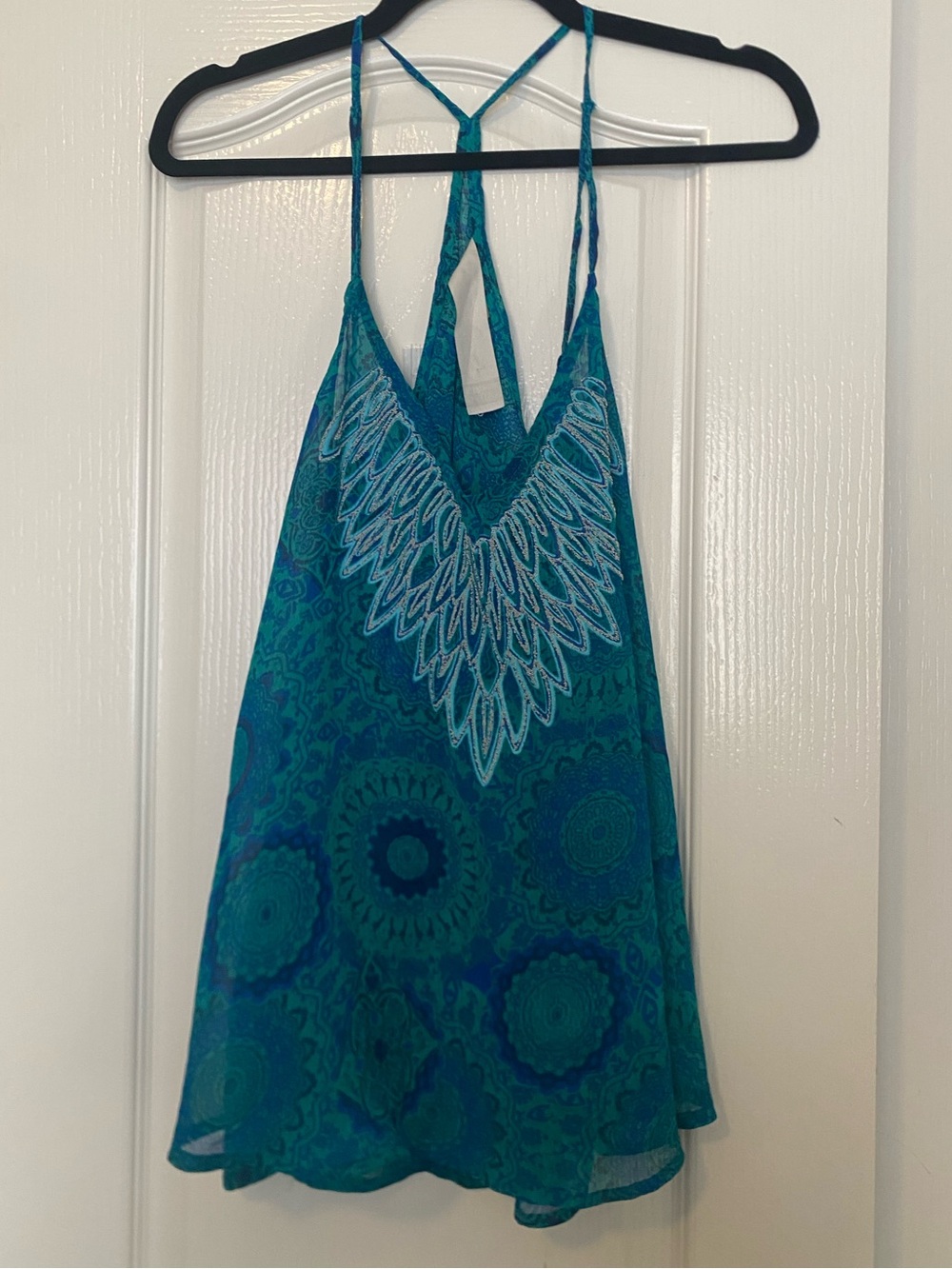 Floaty Teal Printed Halter Camisole with Beaded Neckline
